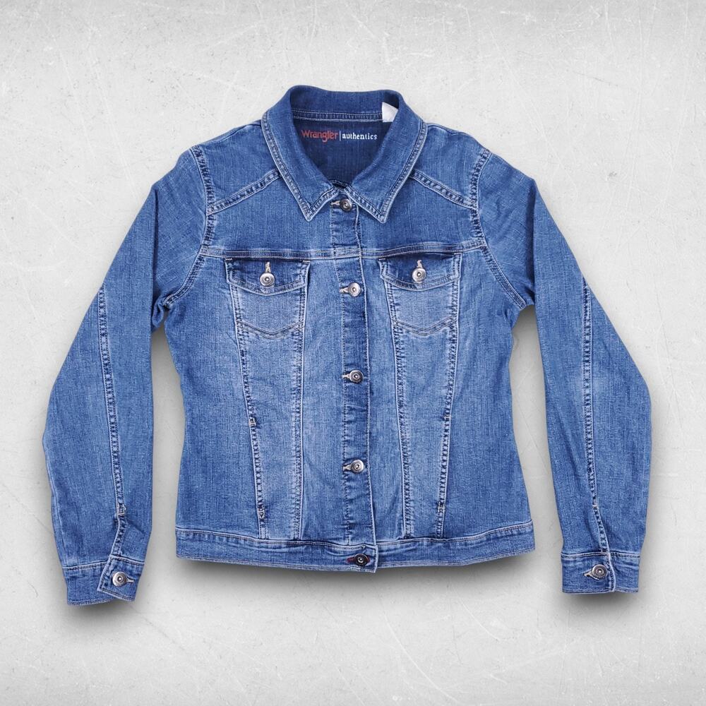 Wrangler Denim Trucker Jacket Women M Blue Fitted Pockets Buttons Retro Cowgirl